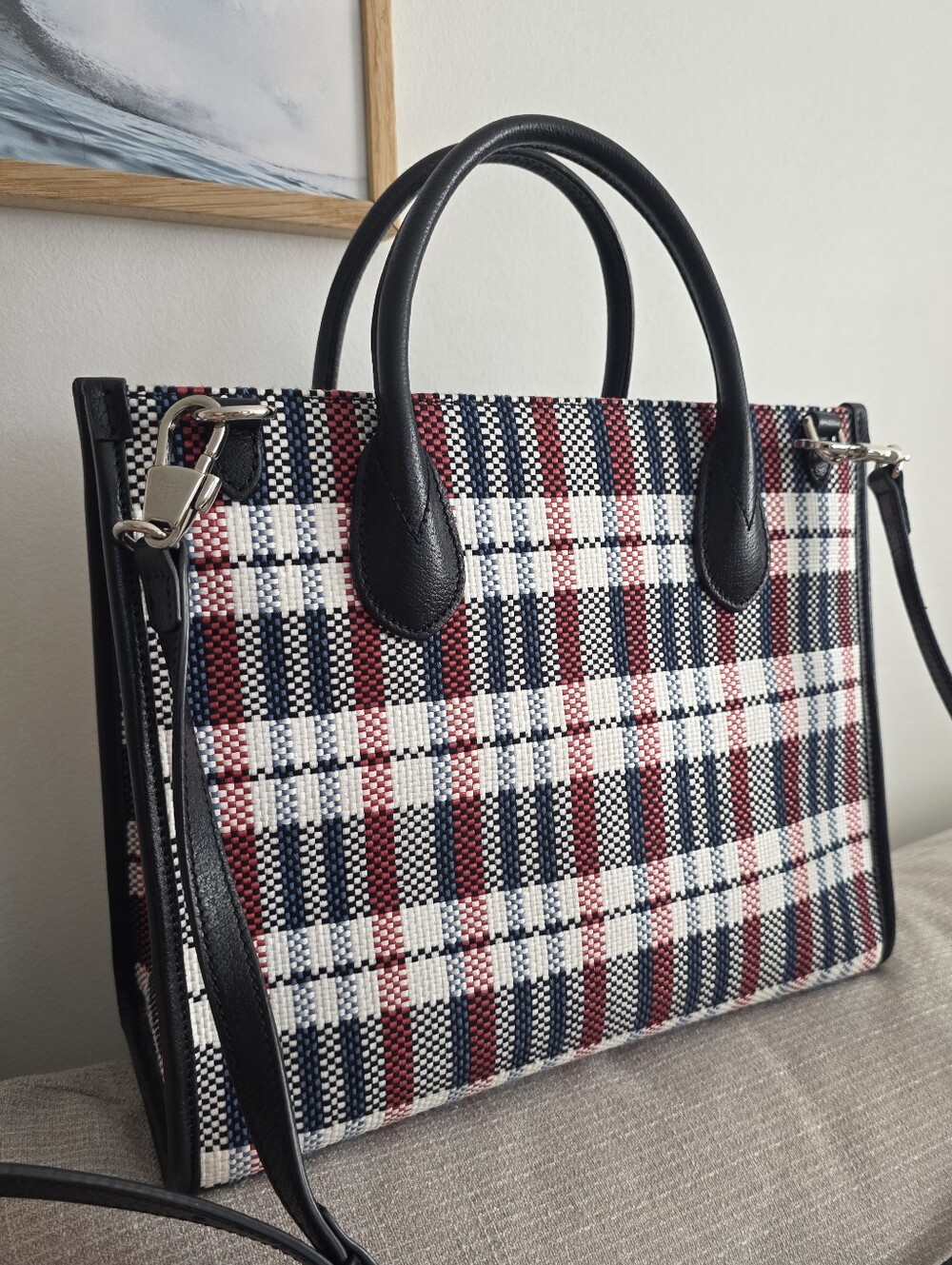 Gucci Multicolor Check "ICCUG" Logo Raffia Tote Bag - Picture 12 of 16